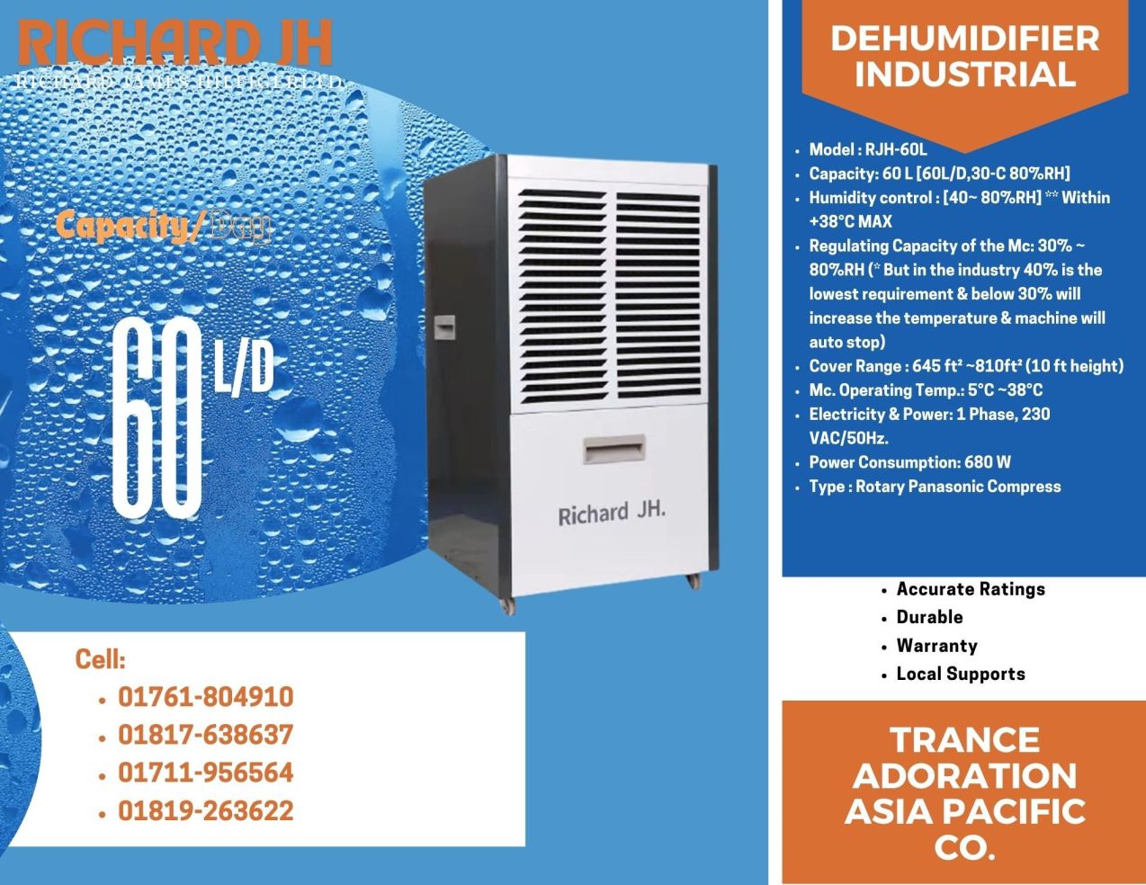 Dehumidifier 60L/day. Richard JH RJH60L/D